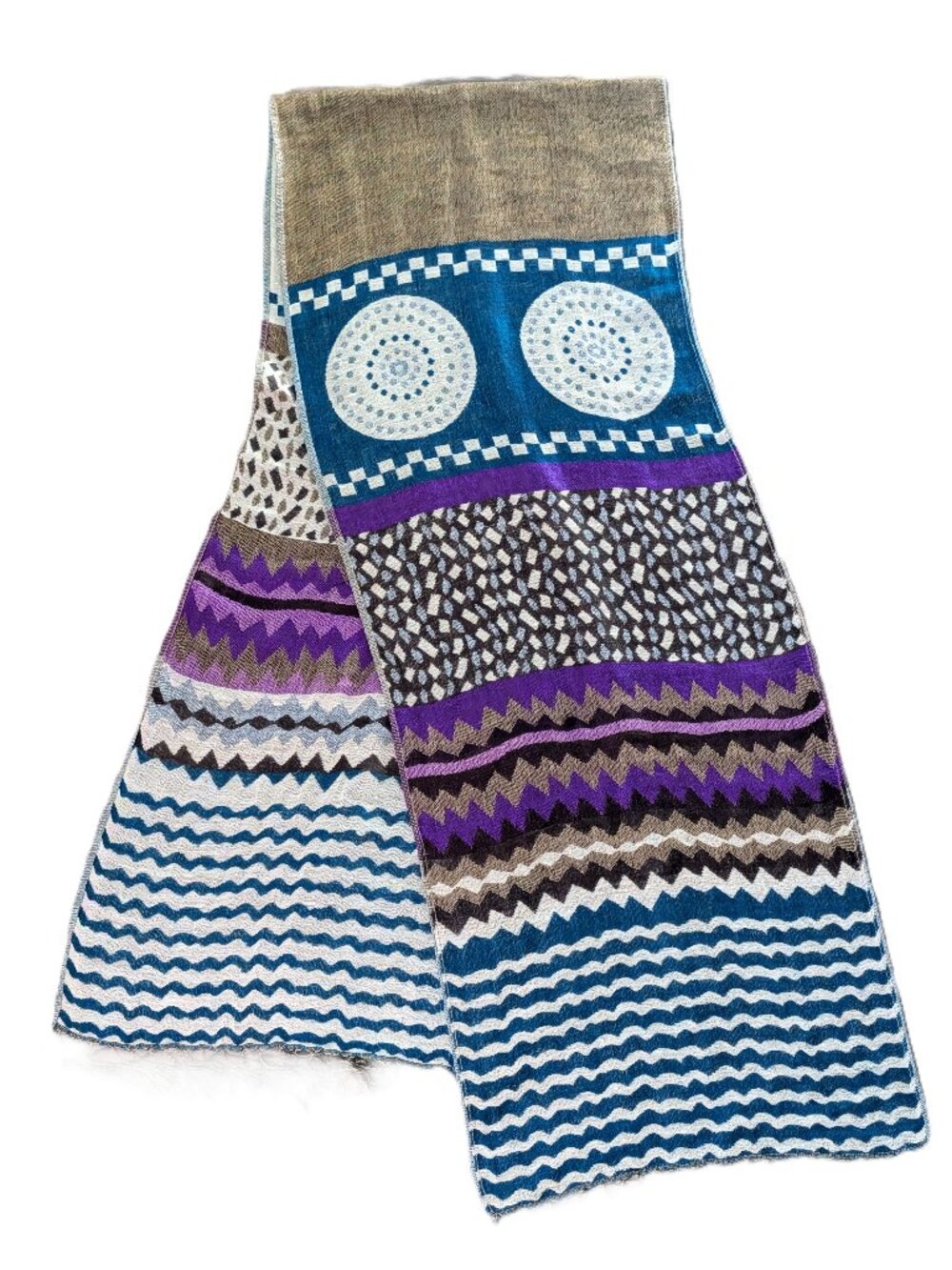 VTG Y2K Boho Geometric Cashmere Scarf Teal Purple Cream Tan Mandala Fringe Retro
